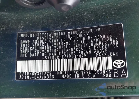 2014 Toyota Corolla Le Premium from USA, damaged, VIN 5YFBURHE8EP011875